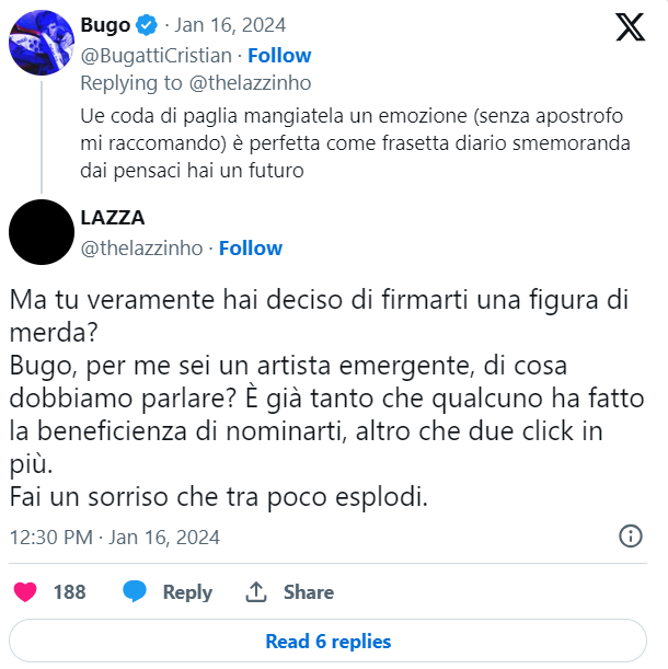 Bugo e Lazza, è rissa sui social: "Ciuccialatte, sei un rapper di me***" 