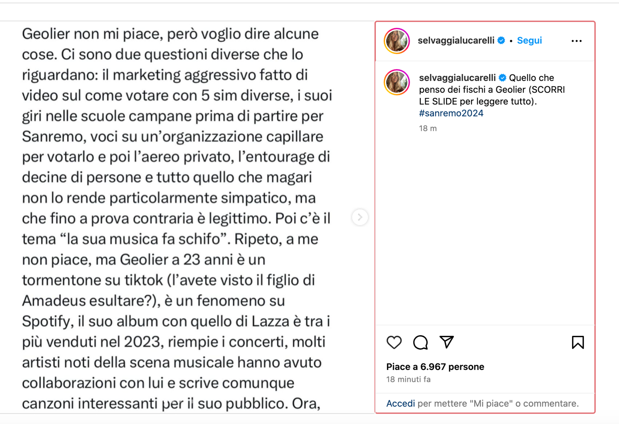 Selvaggia Lucarelli scatena la bufera su Instagram: la sua reazione alla vittoria di Geolier a Sanremo